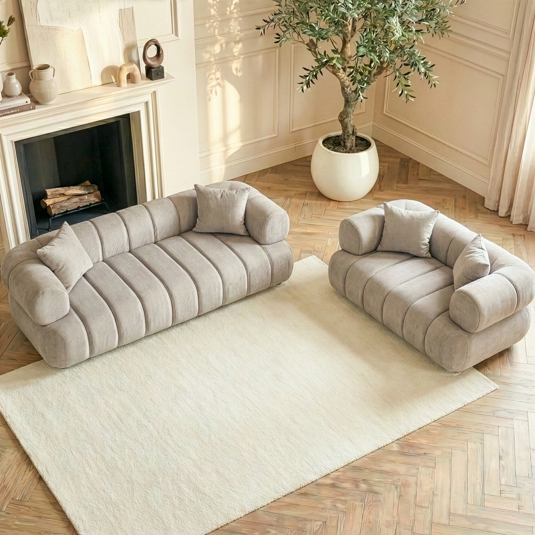 Samira 5 Seater Velvet Sofa Set in Warm Beige, featuring a three-seater and two-seater with channel tufting, cylindrical