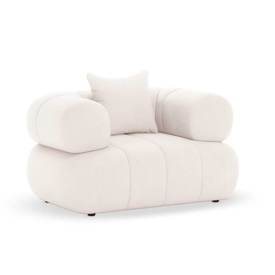 Samira Single Seater Velvet Sofa in Cream featuring oversized, rounded arms and a plush seat base, upholstered in luxurious off-white fabric with a matching throw pillow for added comfort.