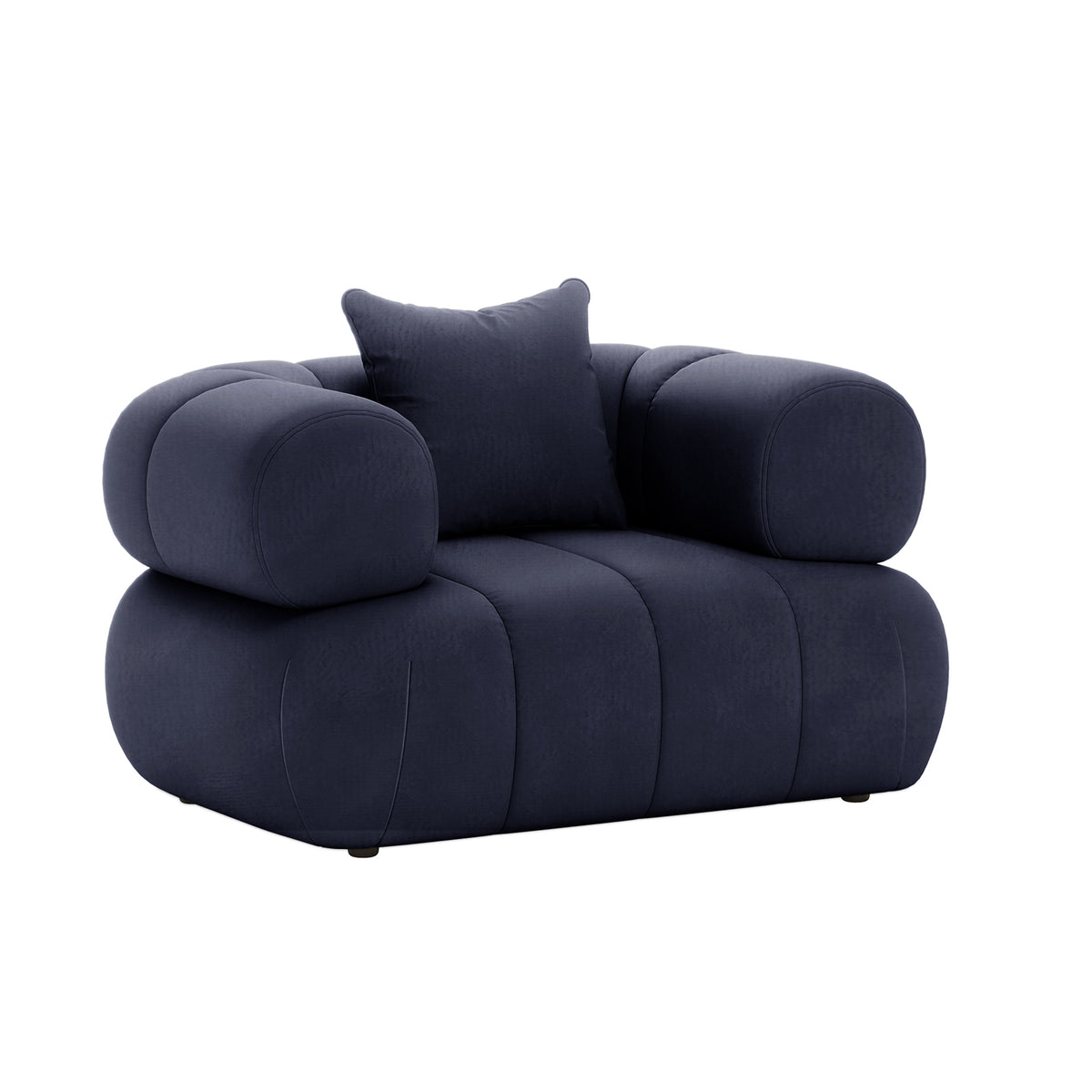 Samira Single Seater Velvet Sofa - Navy Blue, featuring plush velvet upholstery with a cushion, elegantly designed armrests, and solid construction, perfect for enhancing any room's luxury and comfort.