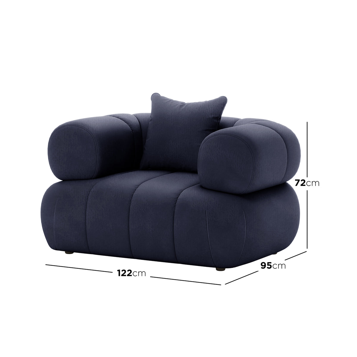 Samira Single Seater Velvet Sofa - Navy Blue, featuring a close-up of its plush cushion, detailed pillow, and elegant armrest, showcasing luxurious velvet texture and sophisticated design.