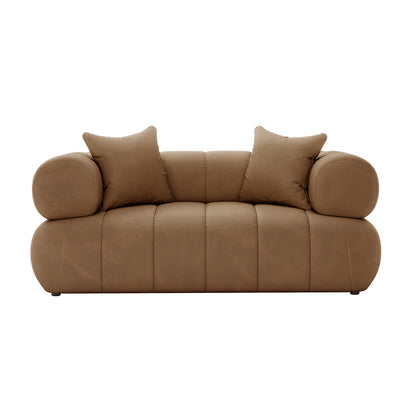 Samira 6 Seater Velvet Sofa Set - Camel Brown featuring a plush brown couch with multiple soft pillows, showcasing luxurious velvet fabric and a spacious, elegant design suitable for any upscale living space.