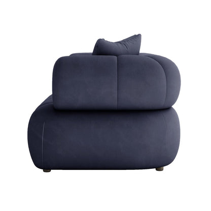 Samira 6 Seater Velvet Sofa Set - Navy Blue, featuring plush velvet cushions and pillows, showcases a close-up of a pillow and cushion, and the sofa's backrest, emphasizing its luxurious texture and design.