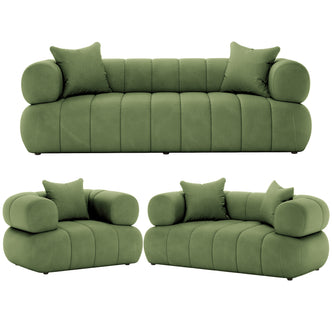 Samira 6 Seater Velvet Sofa Set in Prasinous Green, showcasing its luxurious velvet texture and plush pillows, highlighting the elegance and comfort of the green couch.