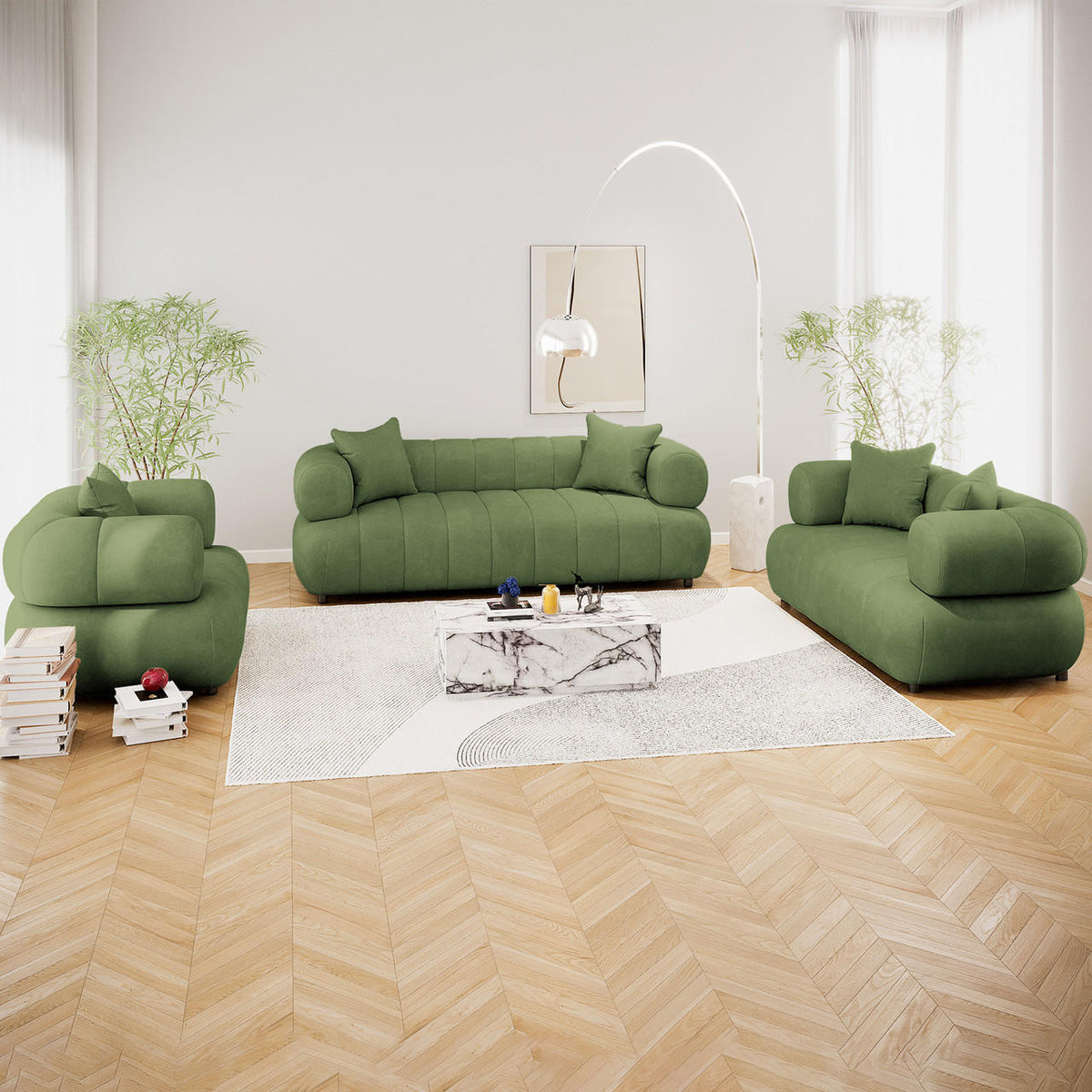 Samira 6 Seater Velvet Sofa Set Prasinous Green displayed in a stylish interior with a green couch, accented by plush pillows and a sleek lamp, exemplifying modern elegance and comfort.