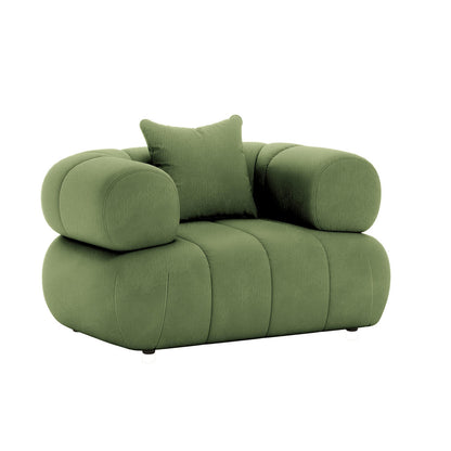 Samira 6 Seater Velvet Sofa Set in Prasinous Green, featuring a luxurious velvet finish with a plush pillow on a green chair, epitomizing elegance and comfort in modern living spaces.