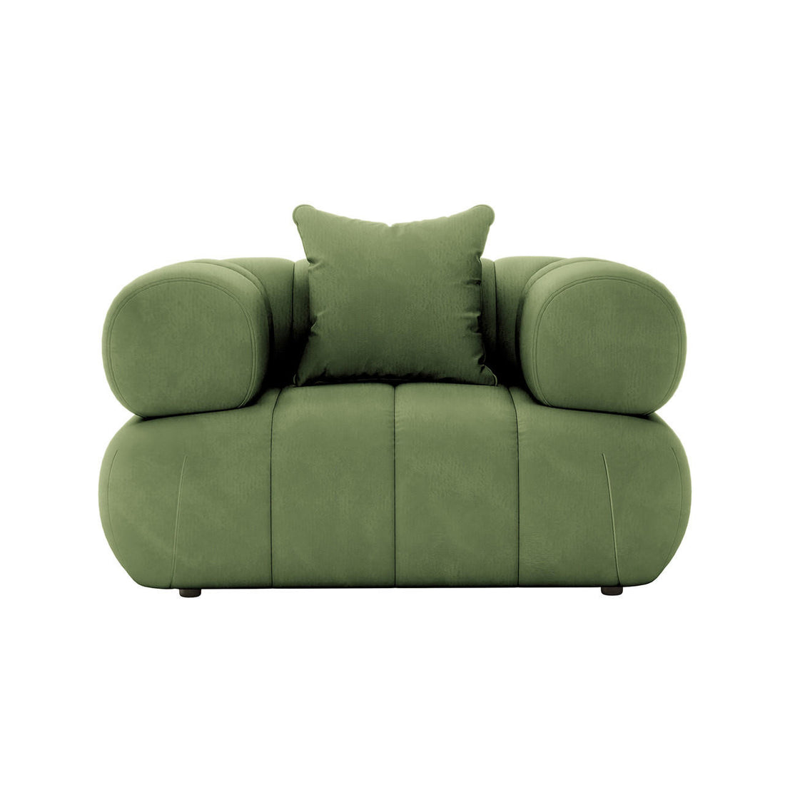 Samira 6 Seater Velvet Sofa Set in Prasinous Green, showcasing its plush velvet fabric and elegant design, with a green pillow on a matching chair in the background.