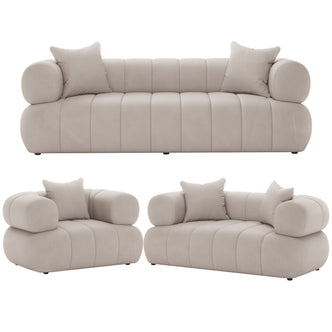 Samira 6 Seater Velvet Sofa Set - Warm Beige, showcasing a plush, velvety texture with a sleek, modern design. Features include plush pillows and a solid wood frame, emphasizing luxury and comfort.