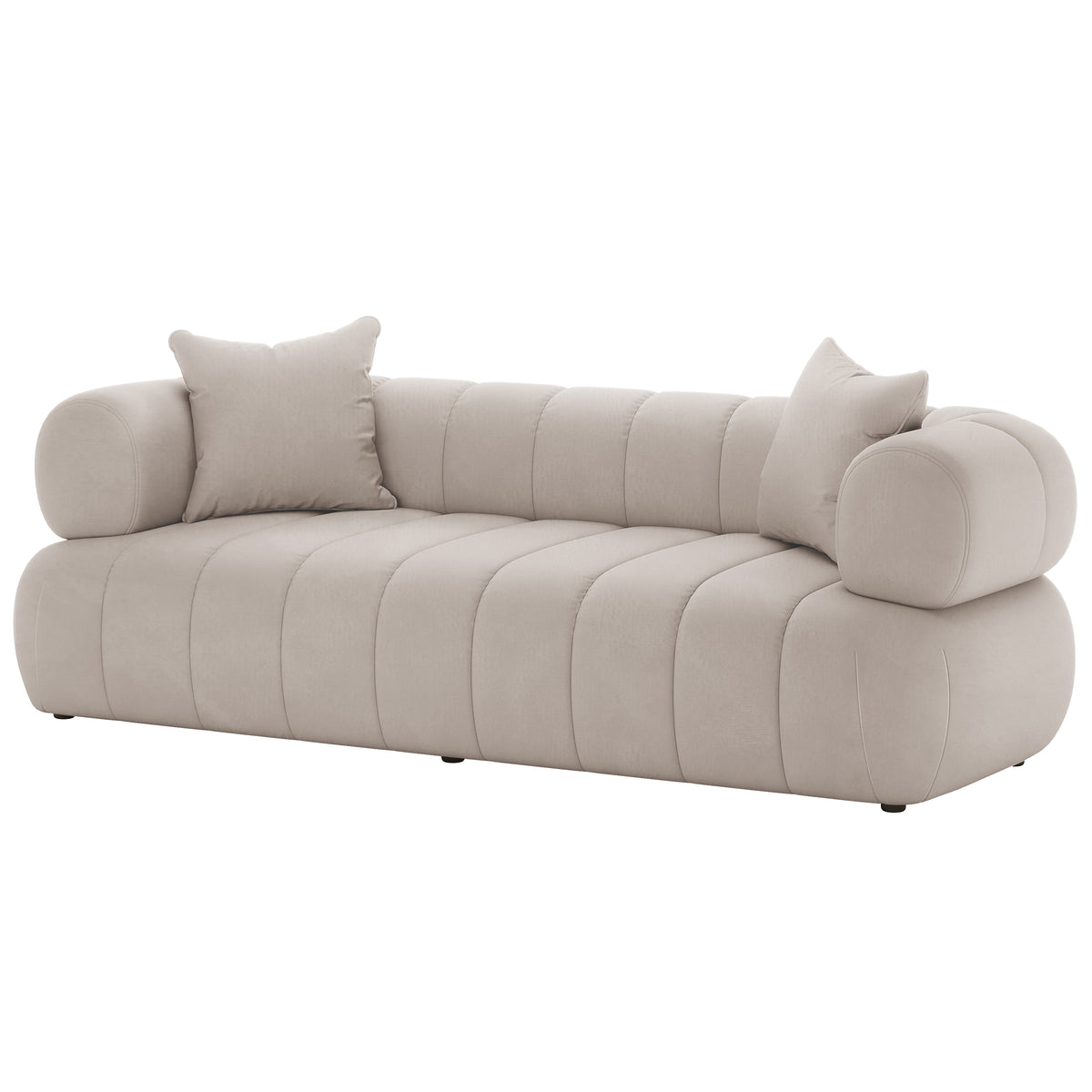 Samira 6 Seater Velvet Sofa Set - Warm Beige featuring a plush white couch adorned with pillows, highlighting its luxurious and comfortable design, perfect for enhancing any living space.