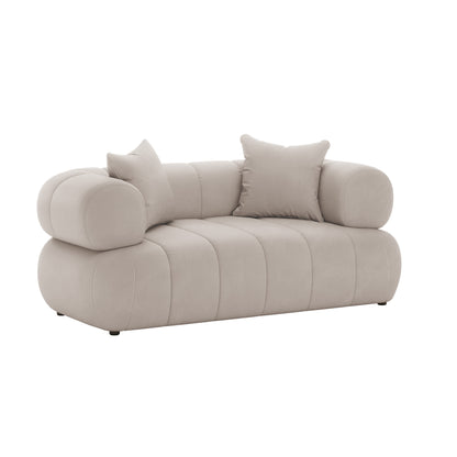 Samira 6 Seater Velvet Sofa Set - Warm Beige, highlighting its plush velvet texture and elegant design, featuring a couch with plush pillows for enhanced comfort and style.
