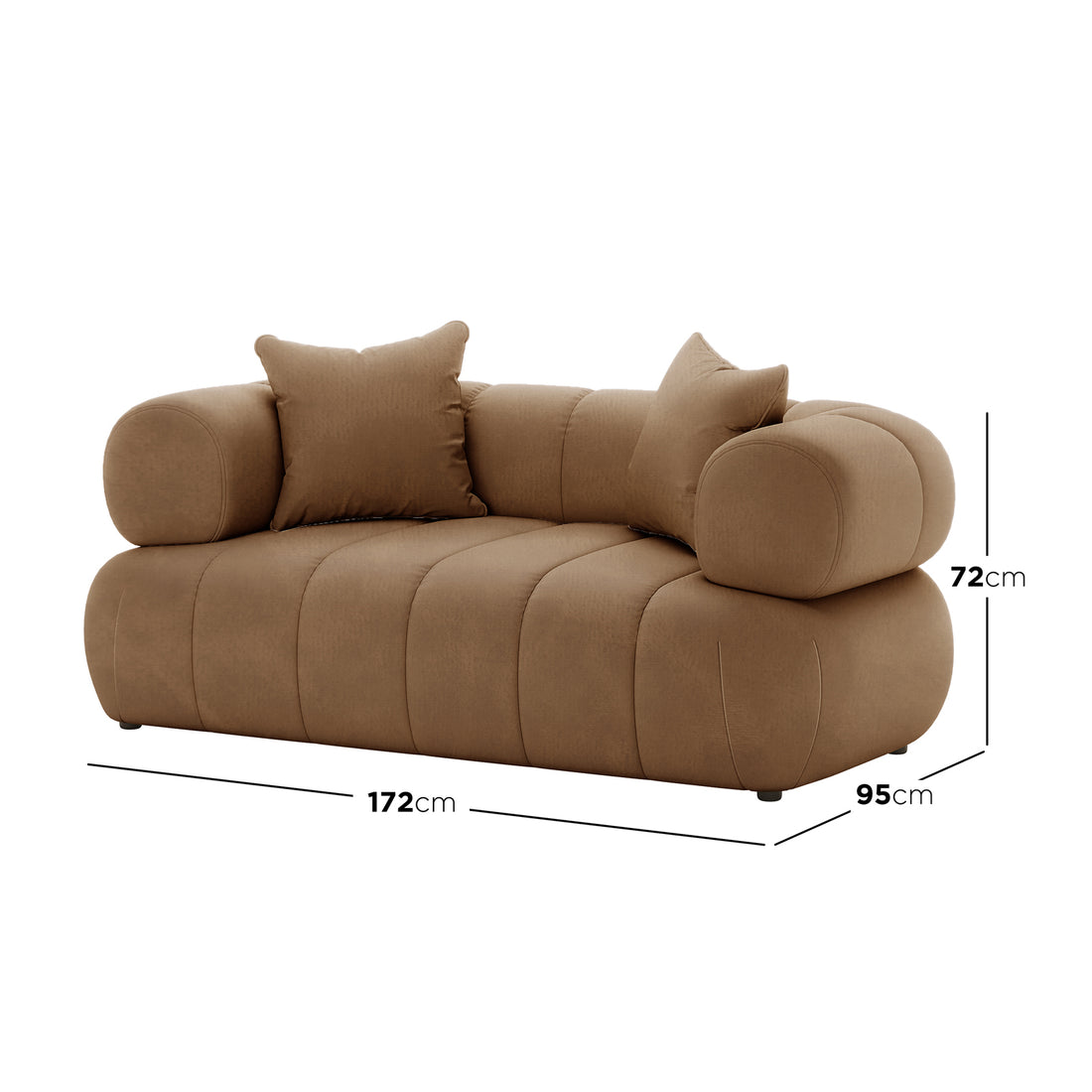 Samira 2 Seater Velvet Sofa in Camel Brown, showcasing its luxurious velvet upholstery, plush cushions, and sturdy wooden frame, accompanied by a matching pillow for added comfort and elegance.