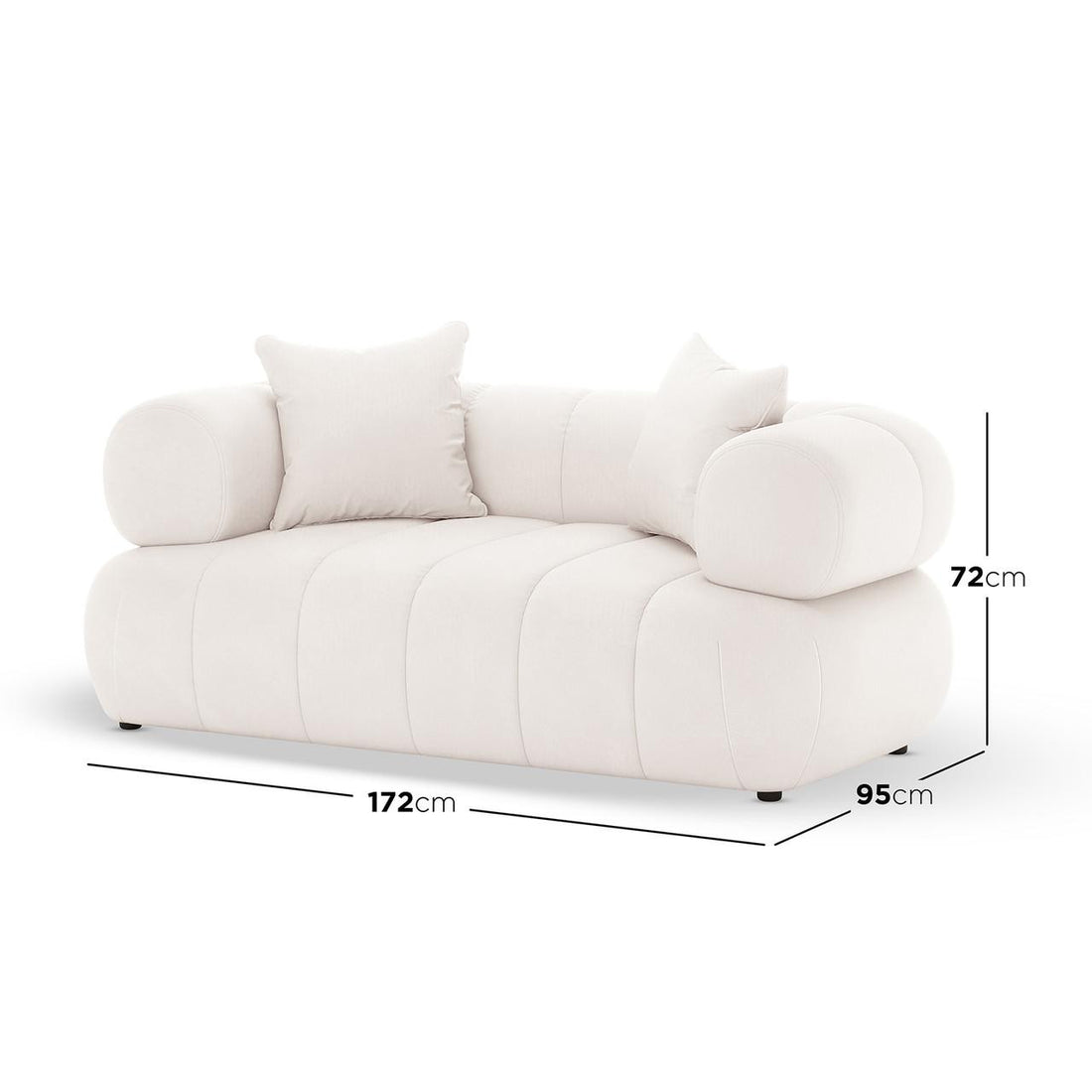 Samira 2 Seater Velvet Lounge in Cream, featuring a modern design with off-white upholstery, cylindrical armrests, and two throw cushions. Dimensions: 172 cm wide, 95 cm deep, 72 cm tall.