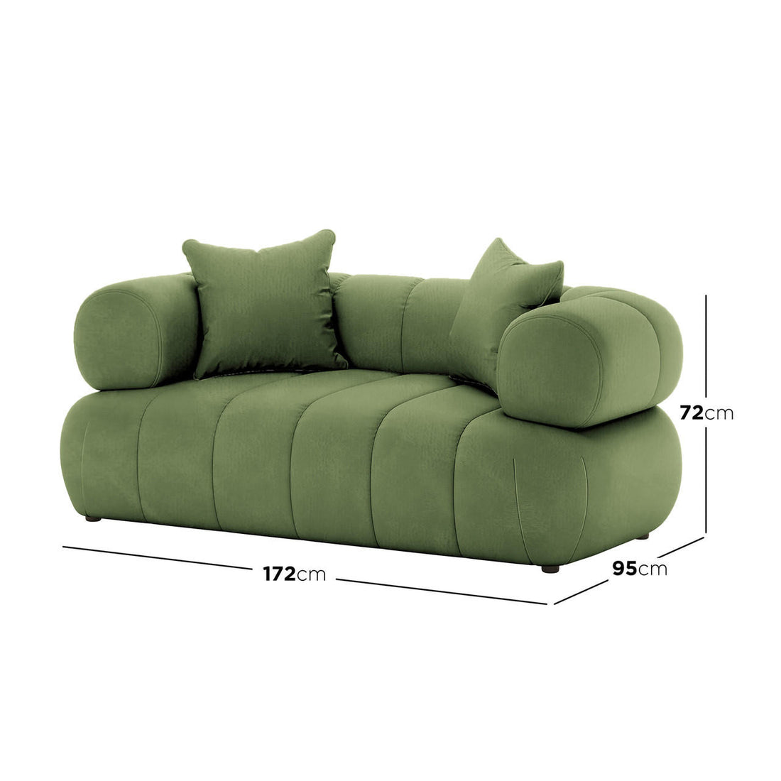 Samira 2 Seater Velvet Lounge in Prasinous Green, featuring plush green upholstery, cylindrical armrests, a low back with loose cushions, and quilted seat panels, measuring 172x95x72 cm.