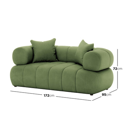 Samira 2 Seater Velvet Lounge in Prasinous Green, featuring plush green upholstery, cylindrical armrests, a low back with loose cushions, and quilted seat panels, measuring 172x95x72 cm.