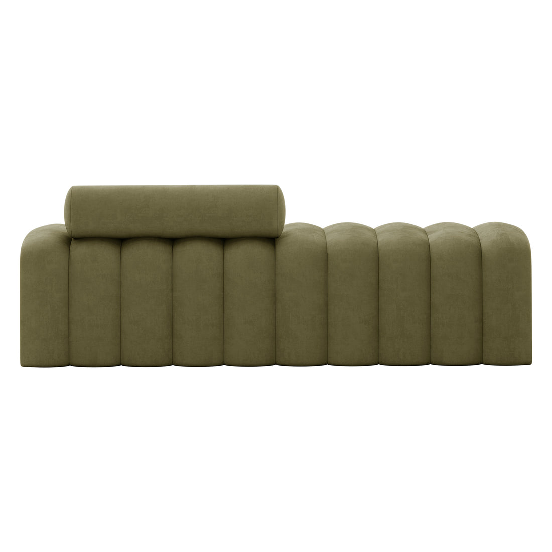 Sasa Velvet Tufted Fabric Bench with Backrest Sage features a modern design with olive-green, tufted cushion columns and a long bolster-style back cushion, perfect for contemporary living spaces.