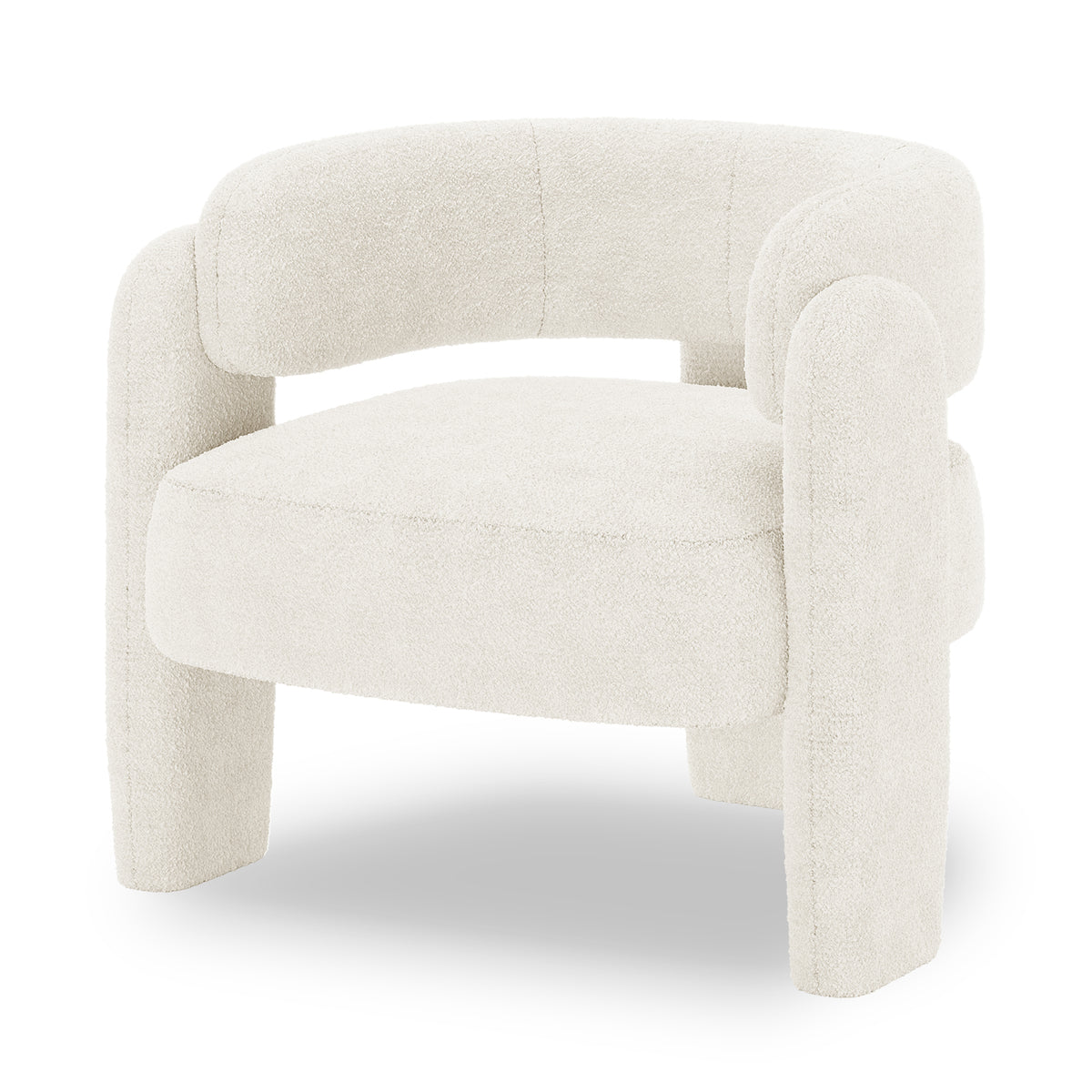 Seto Bouclé Curved Occasional Accent Chair - Eggshell White, featuring a rounded silhouette with a curved backrest and armrests, upholstered in textured bouclé fabric, on four wide legs.