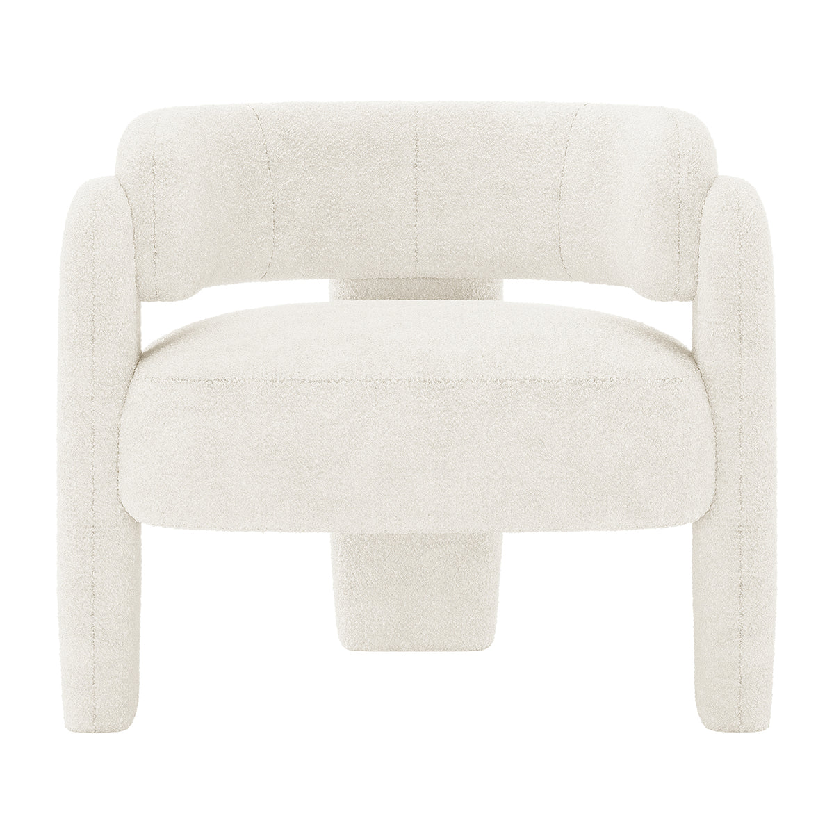 Seto Bouclé Curved Occasional Accent Chair - Eggshell White; features a low-profile design with a rounded wraparound backrest, off-white bouclé upholstery, thick cushioned seat, and short legs for a modern silhouette.