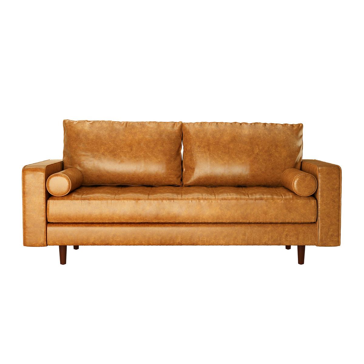 Sollia 3 Seater PU Leather Sofa - Tan Brown, featuring plush cushions and sleek design, showcases its luxurious tan-brown upholstery and spacious seating, perfect for enhancing any modern living area.