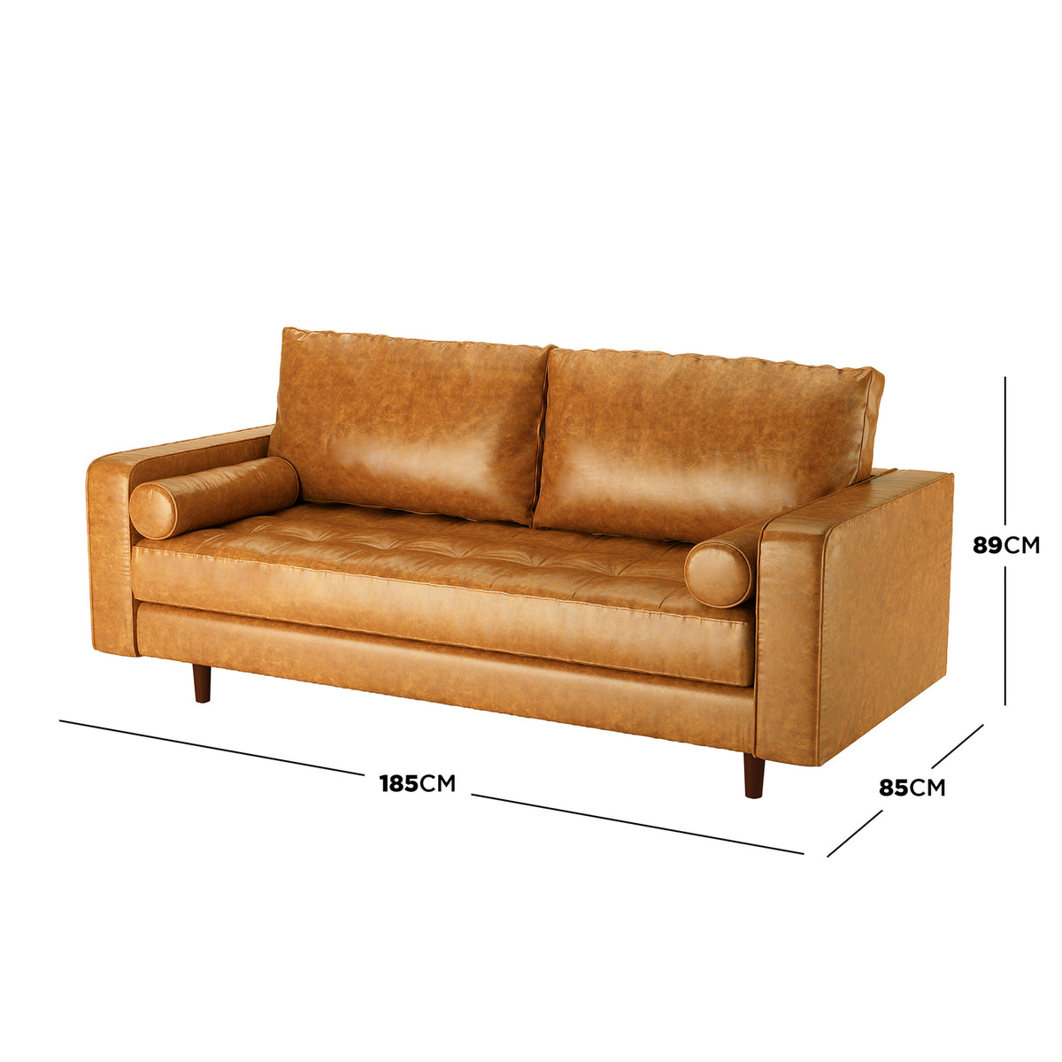 Sollia 3 Seater PU Leather Sofa - Tan Brown in a close-up view showcasing its luxurious PU leather texture, plush cushioning, and elegant design, ideal for enhancing a modern lounge setting.