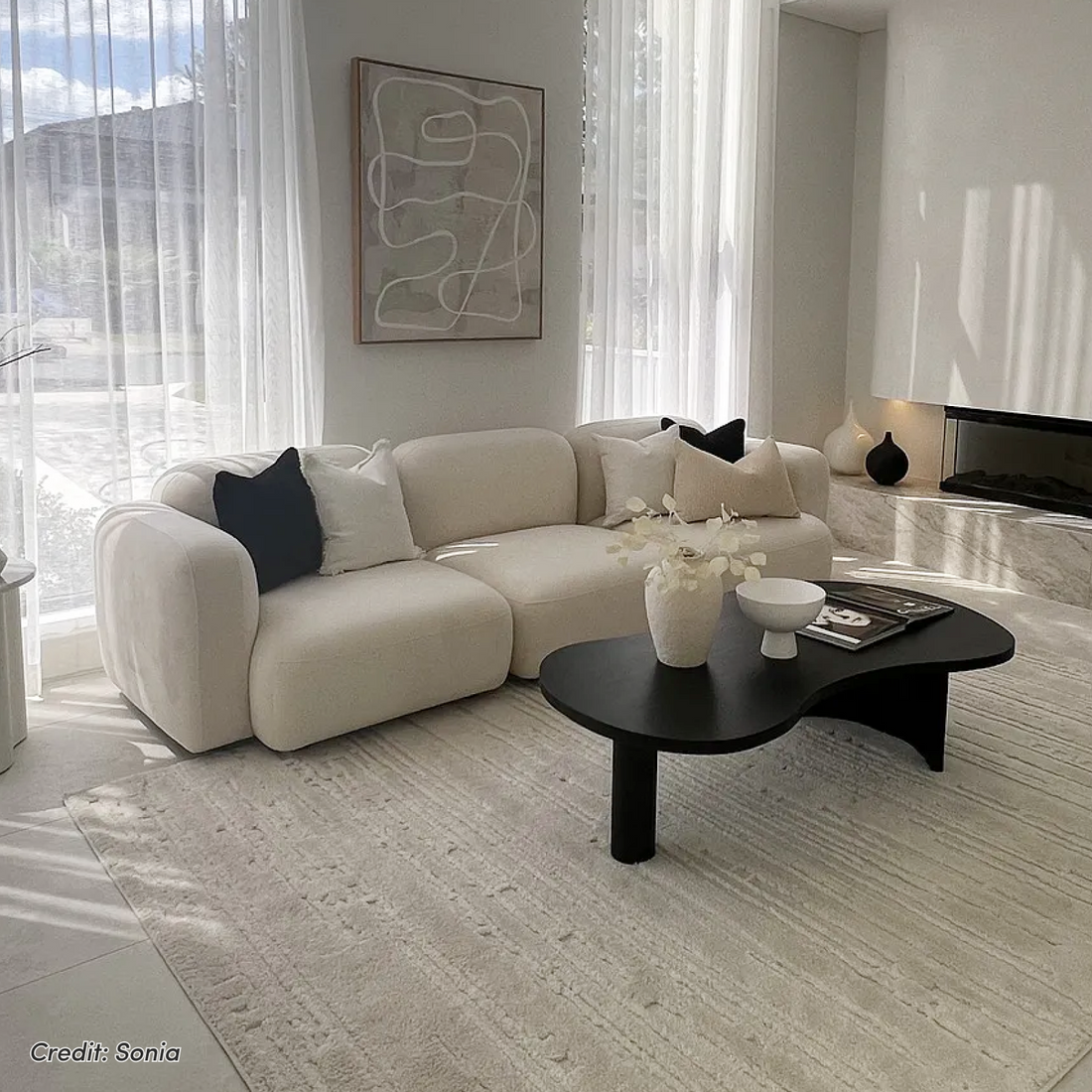 Soraya 3 Seater Velvet Sectional Sofa Set in Cream White with curved modular design, plush upholstery, and black accent
