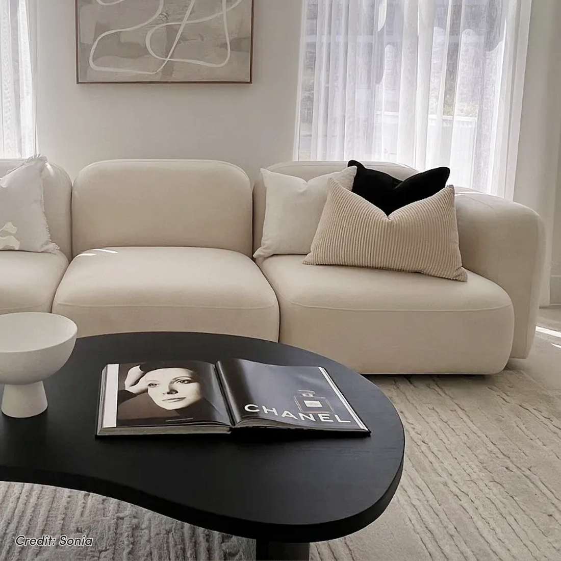 Soraya 3 Seater Velvet Sectional Sofa Set in Cream White with plush velvet upholstery, rounded armrests and modular