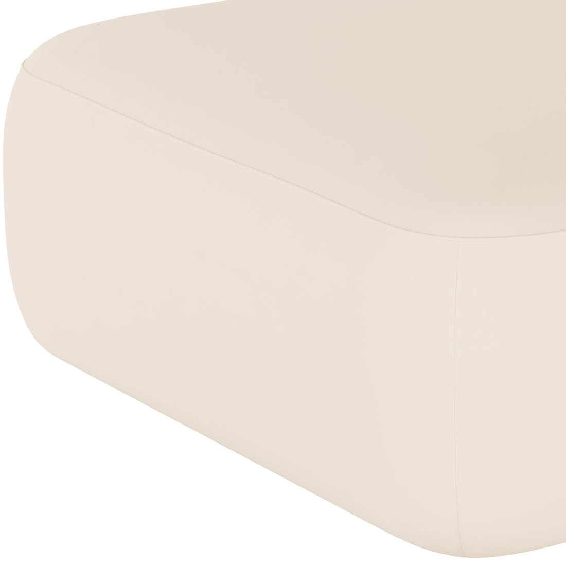 Close-up of Soraya Velvet Ottoman in Cream White, showcasing the corner with rounded edges and a seam where the lid meets the base, highlighting its sleek, modern design.