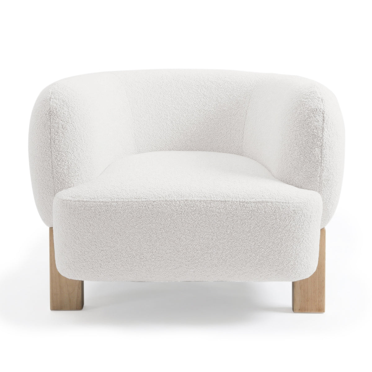 The Sornel Boucle Upholstered Accent Chair in Cream White features a modern silhouette with soft, white boucle fabric and short wooden legs, emphasizing its elegant, curved back and seat design.