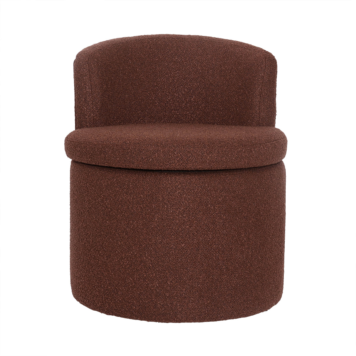 Sorra Boucle Swivel Storage Accent Chair in Rust Brown, featuring a round, upholstered design with textured bouclé fabric, low curved back, and hidden storage under the removable seat.