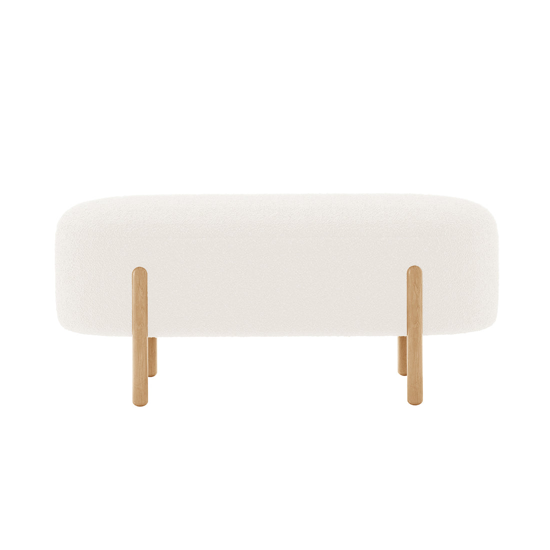 Suellen 108cm Boucle Fabric Ottoman Bench - Cream White, featuring a sleek white surface with wooden legs, offering a chic, mid-century design ideal for elegant and functional home seating.