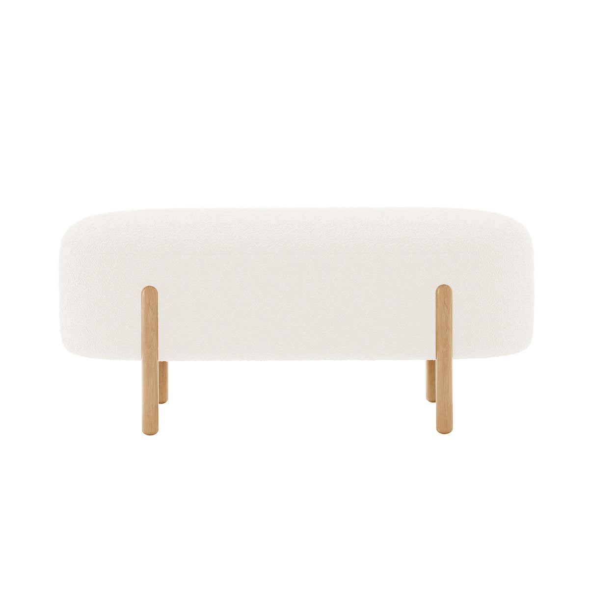 Suellen 108cm Boucle Fabric Ottoman Bench - Cream White, featuring a sleek white surface with wooden legs, offering a chic, mid-century design ideal for elegant and functional home seating.