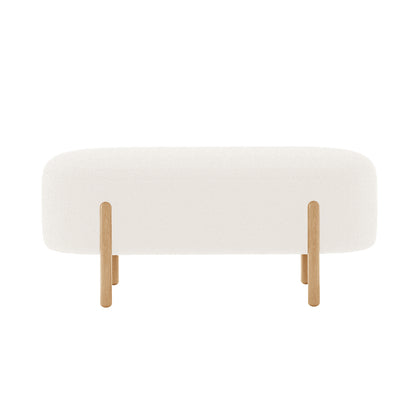 Suellen 108cm Boucle Fabric Ottoman Bench - Cream White, featuring a sleek white surface with wooden legs, offering a chic, mid-century design ideal for elegant and functional home seating.