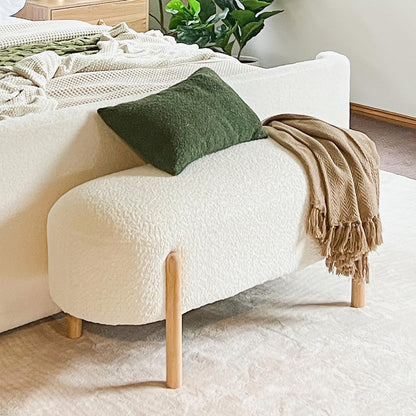 Suellen 108cm Boucle Fabric Ottoman Bench in Cream White, showcasing its boucle texture and Scandinavian-style wooden legs, providing elegant, durable seating, perfect for enhancing any room's decor.