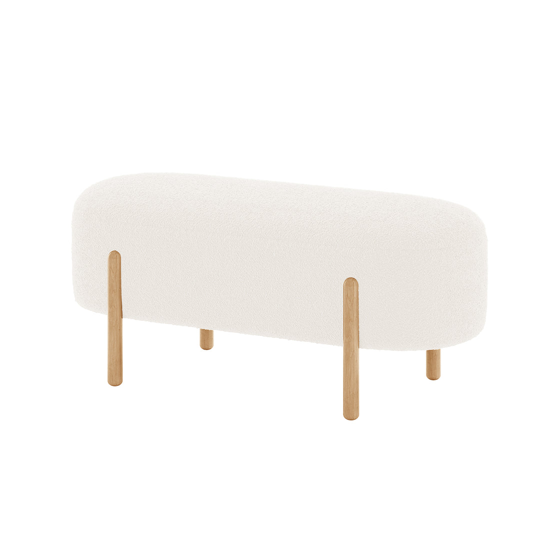 Suellen 108cm Boucle Fabric Ottoman Bench with wooden legs, showcasing a plush cream white boucle fabric, offering a blend of style and functionality, ideal for enhancing living spaces.