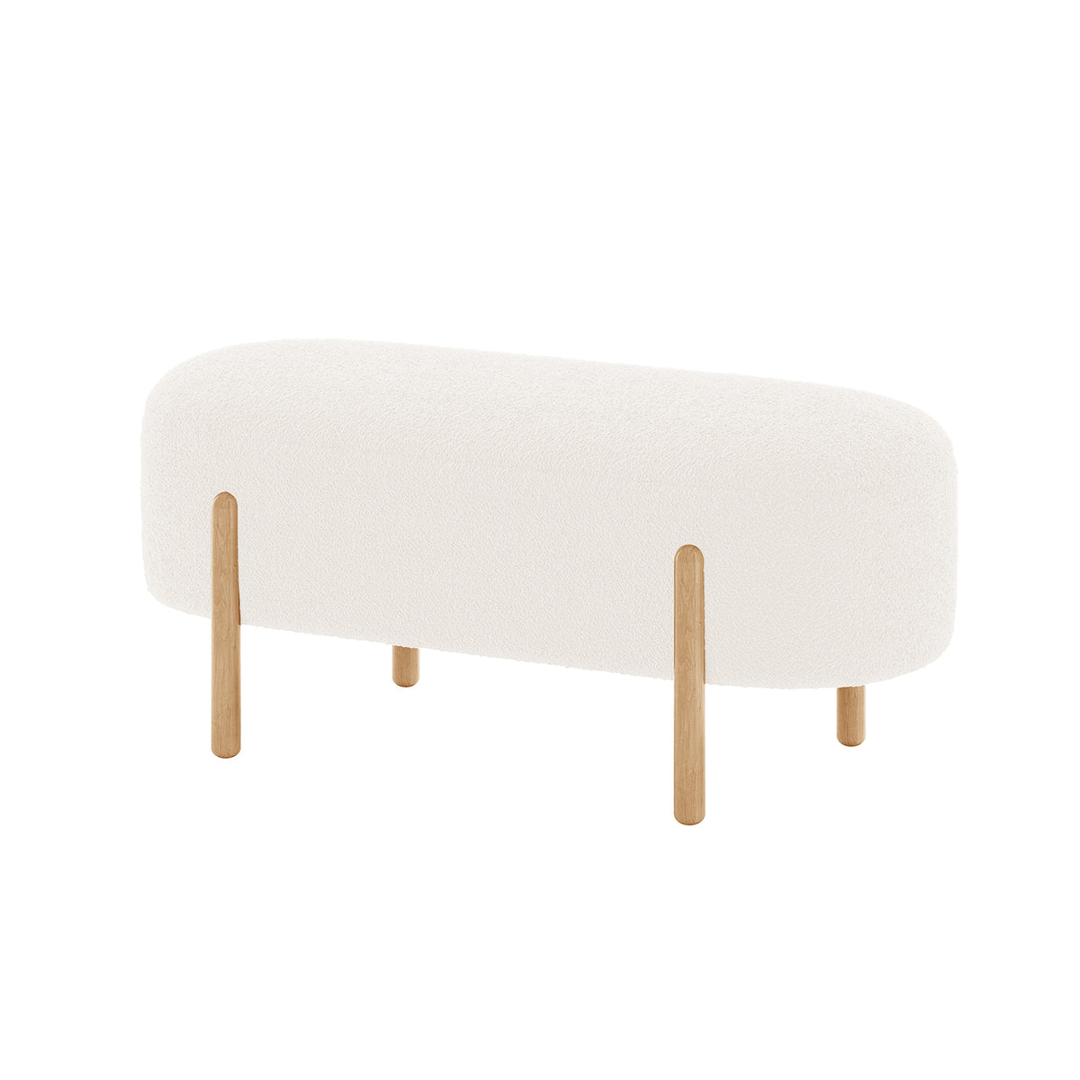 Suellen 108cm Boucle Fabric Ottoman Bench with wooden legs, showcasing a plush cream white boucle fabric, offering a blend of style and functionality, ideal for enhancing living spaces.
