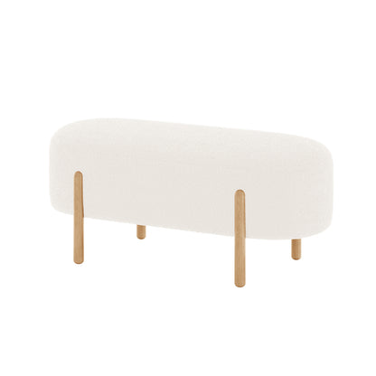 Suellen 108cm Boucle Fabric Ottoman Bench with wooden legs, showcasing a plush cream white boucle fabric, offering a blend of style and functionality, ideal for enhancing living spaces.
