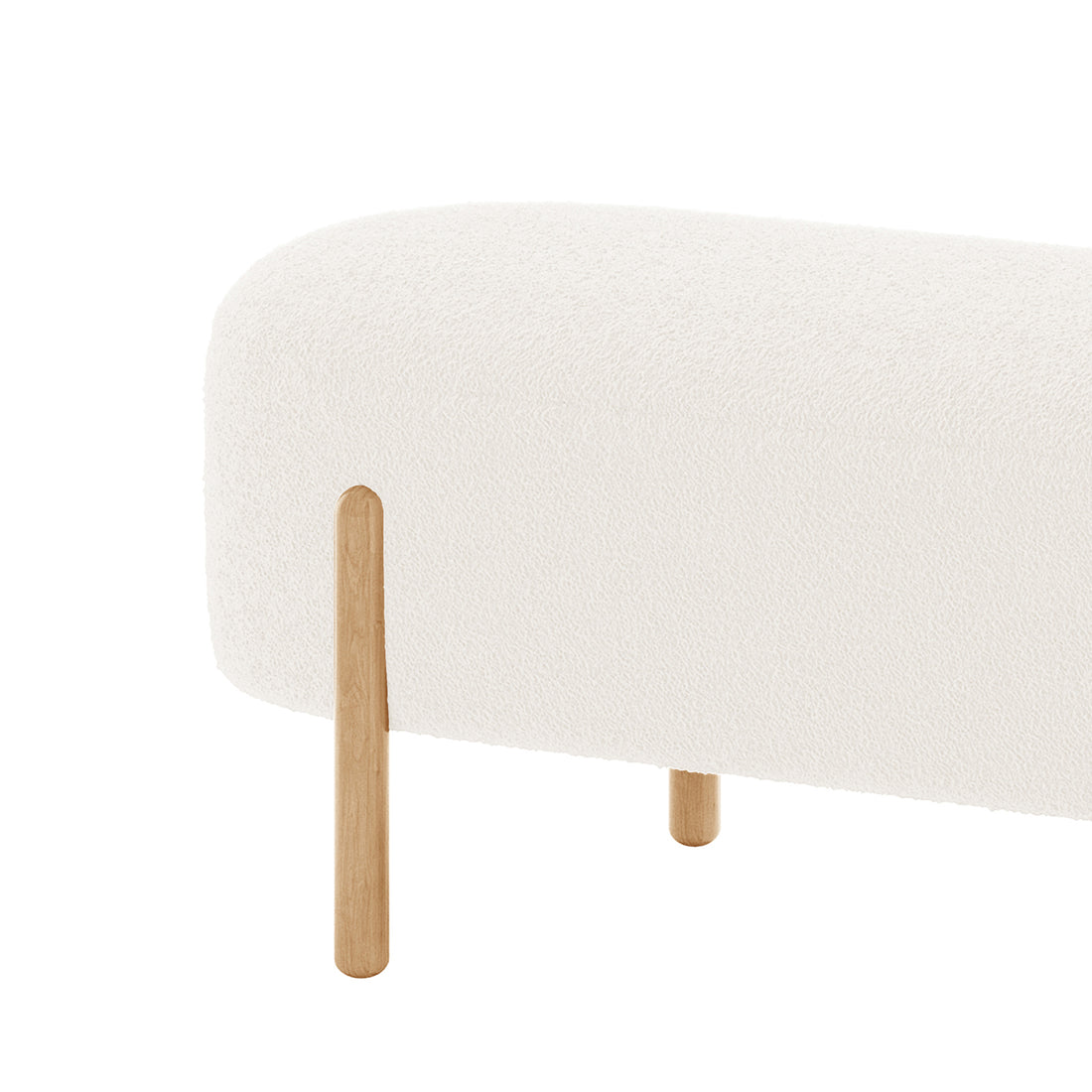 Suellen 108cm Boucle Fabric Ottoman Bench - Cream White, featuring a boucle fabric texture, wooden legs, and a solid wood frame, offering elegance and comfort as a versatile seating solution.