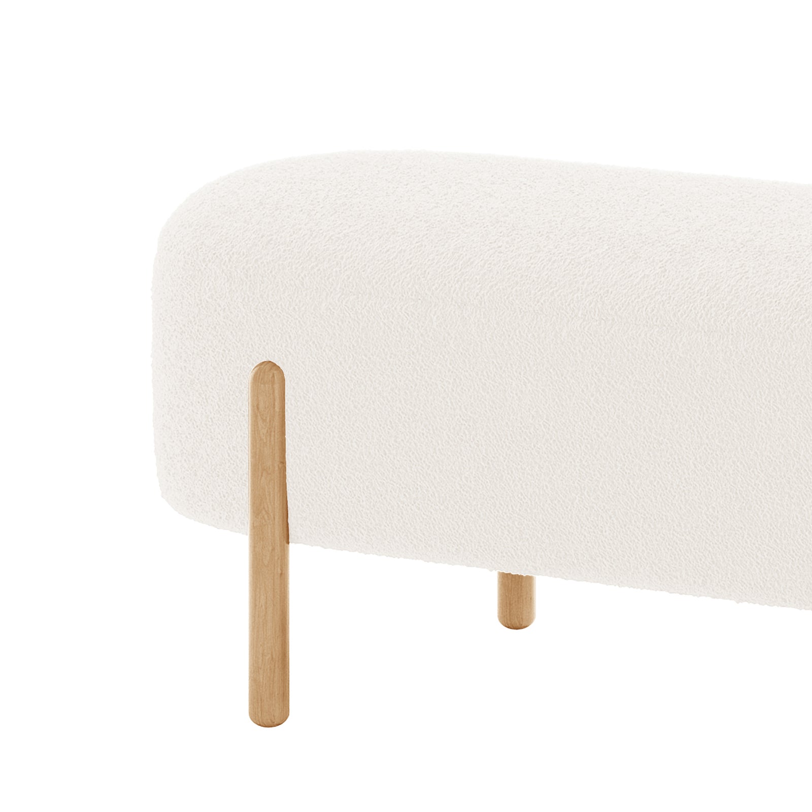 Suellen 108cm Boucle Fabric Ottoman Bench - Cream White, featuring a boucle fabric texture, wooden legs, and a solid wood frame, offering elegance and comfort as a versatile seating solution.