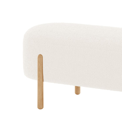 Suellen 108cm Boucle Fabric Ottoman Bench - Cream White, featuring a boucle fabric texture, wooden legs, and a solid wood frame, offering elegance and comfort as a versatile seating solution.