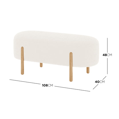 Suellen 108cm Boucle Fabric Ottoman Bench features cream white boucle upholstery with wooden legs, offering a chic mid-century design perfect for stylish, durable seating in any room.