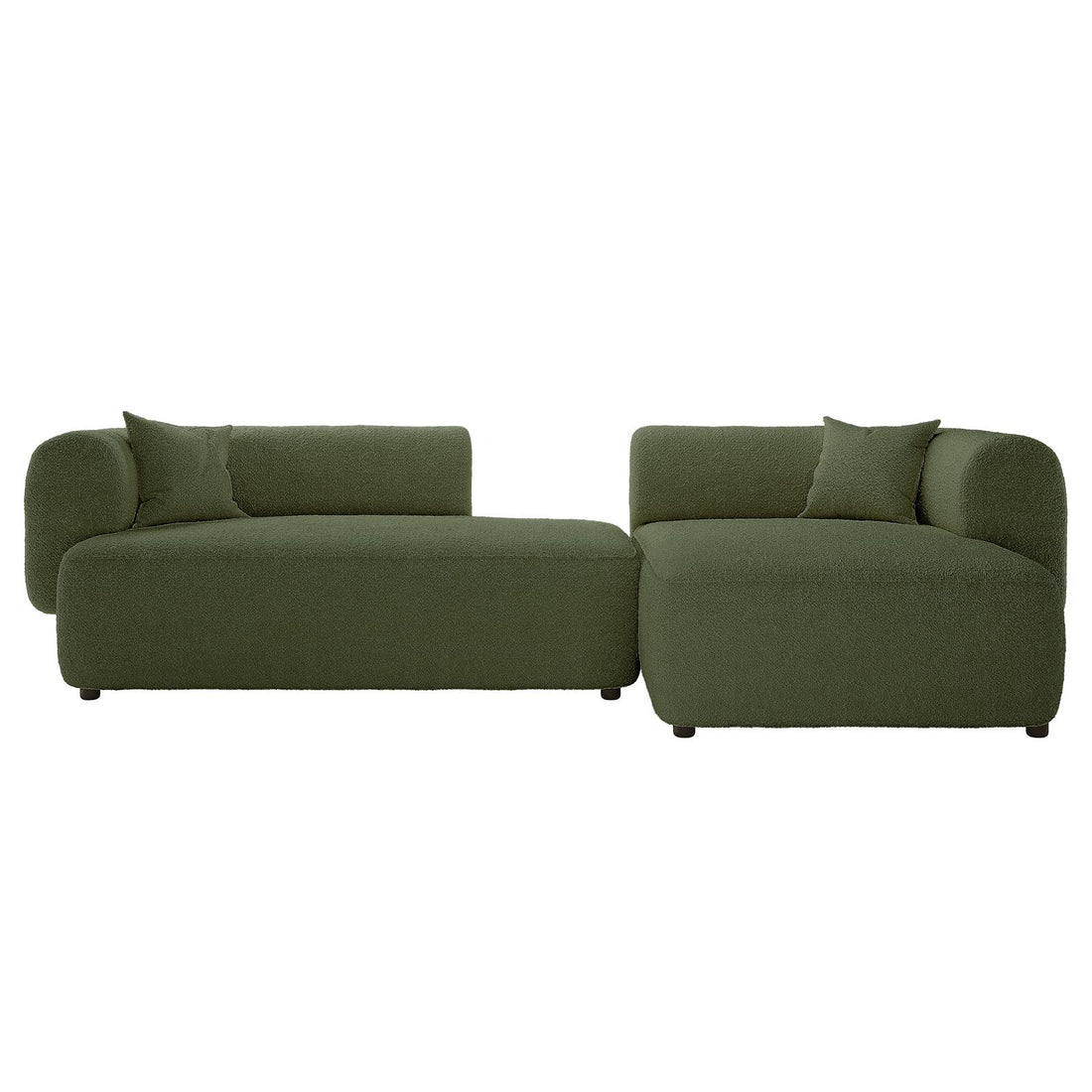 Susie 4-Seater Boucle L-Shaped Sofa - Dark Green, showcasing its plush boucle upholstery, ergonomic curved backrest, and L-shaped design, emphasizing comfort and modern elegance.
