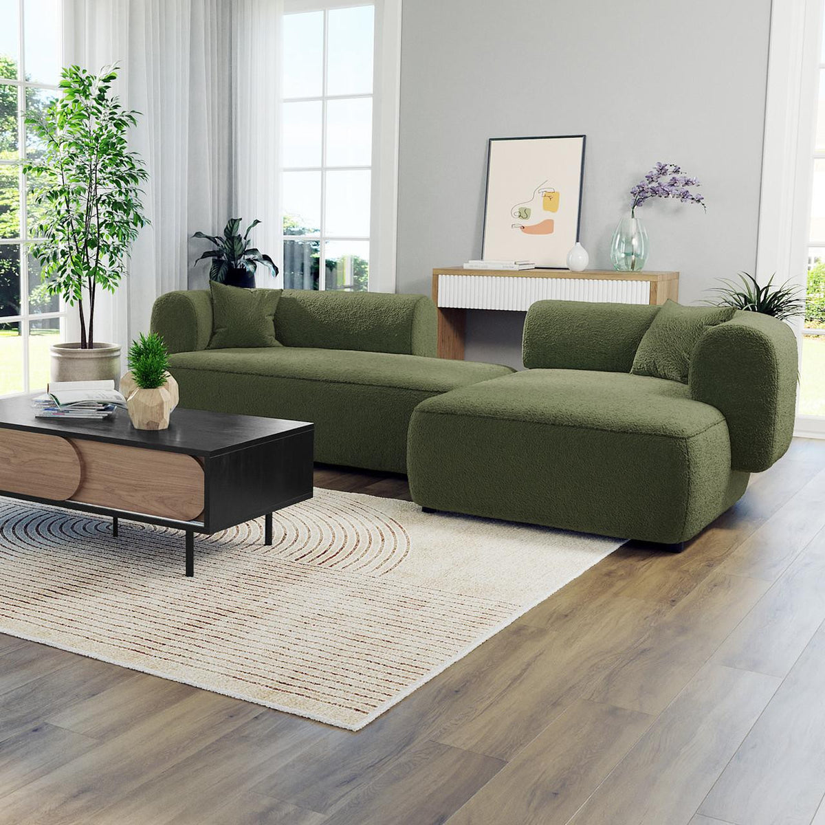Susie 4-Seater Boucle L-Shaped Sofa in front of a window, showcasing its ergonomic curved backrest and plush upholstery, enhancing the modern living room's elegance and comfort.