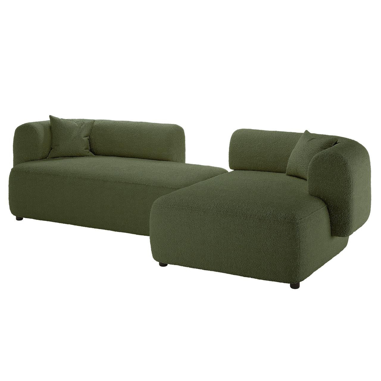 Susie 4-Seater Boucle L-Shaped Sofa in Dark Green featuring ergonomic curved backrest and plush boucle upholstery, highlighting its sectional design ideal for corner placement and maximizing seating space.
