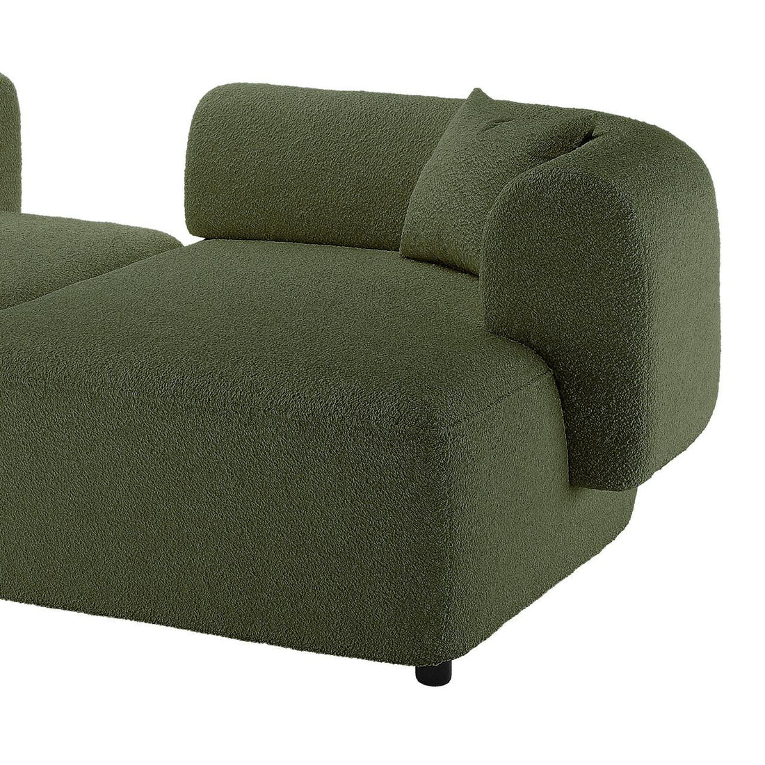 Susie 4-Seater Boucle L-Shaped Sofa in dark green, highlighting its plush upholstery and ergonomic curved backrest, offering a stylish and spacious seating solution for modern living rooms.
