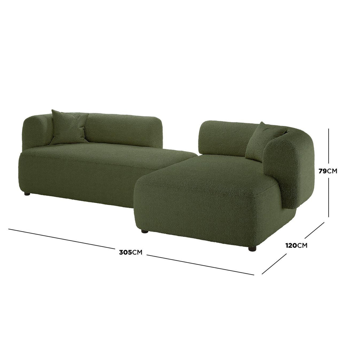 Susie 4-Seater Boucle L-Shaped Sofa - Dark Green, showcasing its plush boucle upholstery and ergonomic curved backrest, designed for corner placement to maximize space and style with a durable engineered wood frame.