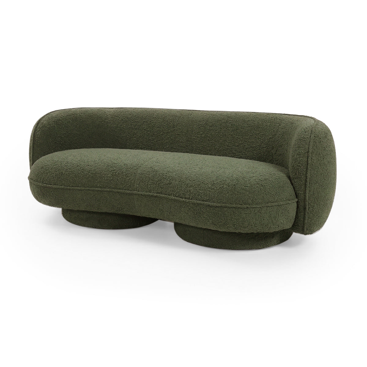 Olive green boucle sofa on white background
