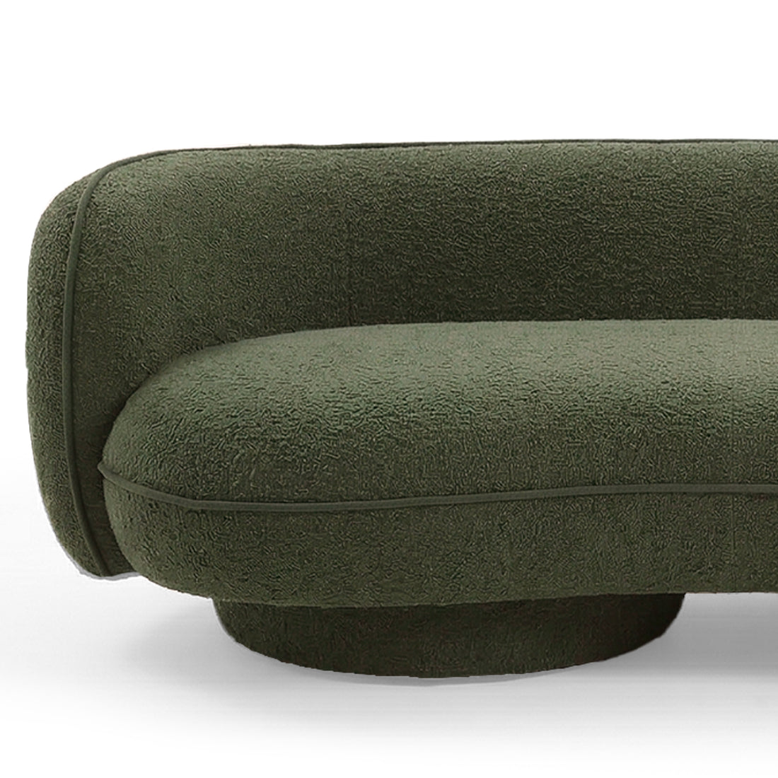 Dark forest green boucle 3 seater sofa with curved armrest and rounded base on white background
