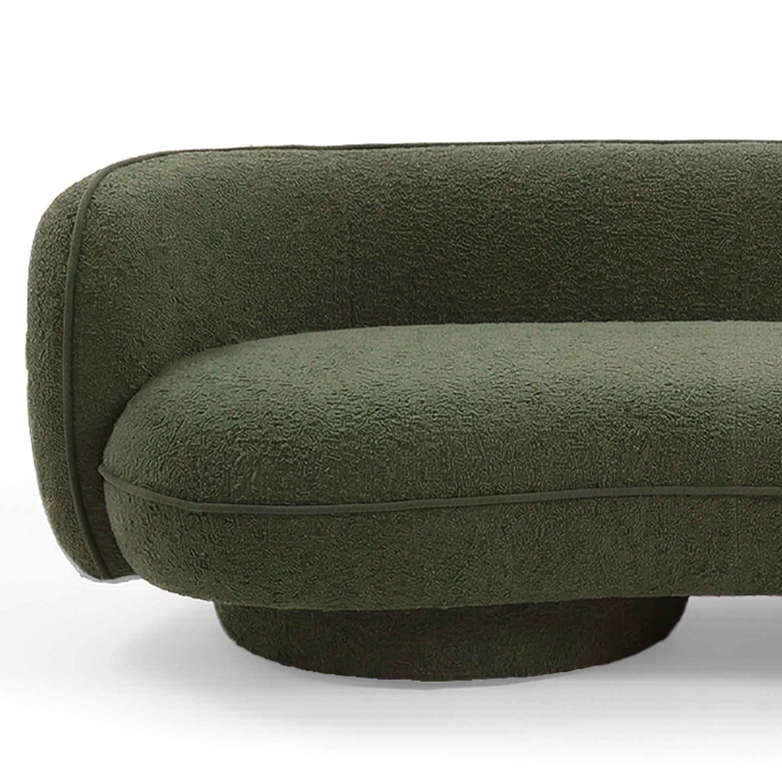 Dark forest green boucle 3 seater sofa with curved armrest and rounded base on white background