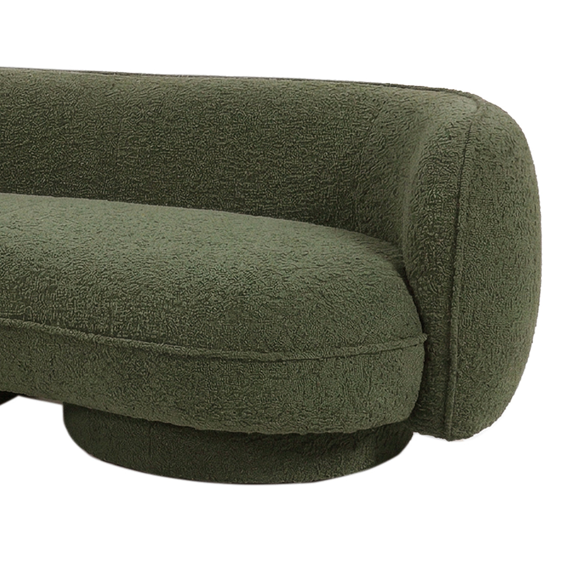 Green boucle curved sofa with rounded arms and textured upholstery