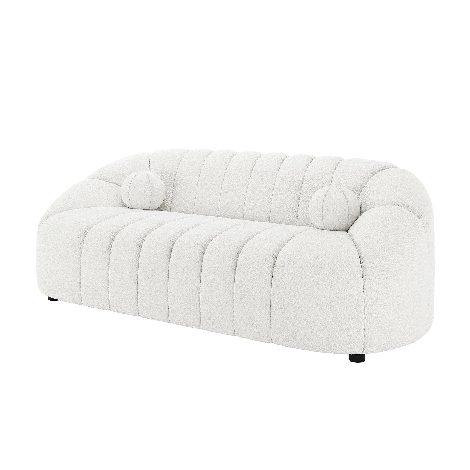 Trina 3 Seater Boucle Sofa with Pillows in Cream White features a curved, channel-stitched design with plush bouclé fabric and two round bolster pillows, offering contemporary elegance and comfort.