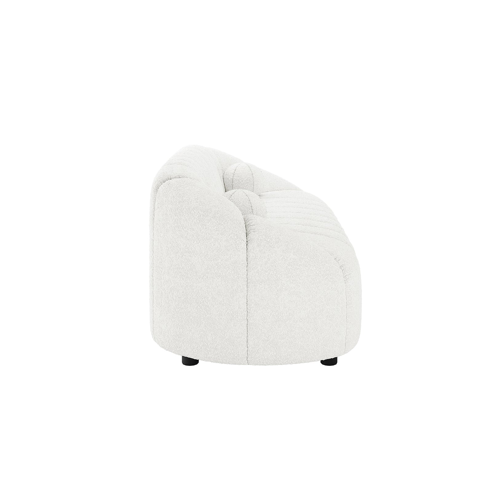 Trina 3 Seater Boucle Sofa with Pillows in Cream White features a low-profile, curved design with tufted back and seat, rounded edges, and short black cylindrical feet, showcasing modern, plush elegance.