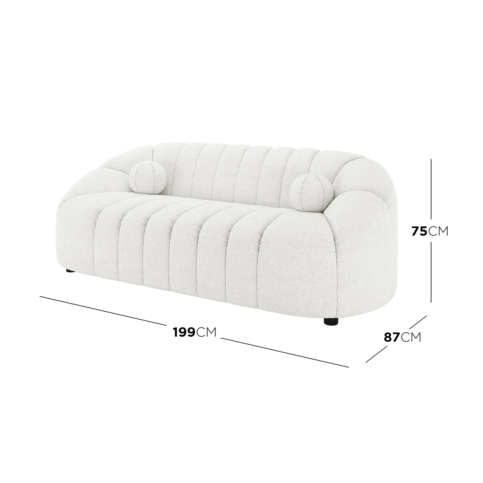 Trina 3 Seater Boucle Sofa with Ball Pillows features a sleek, modern design with plush seating and decorative ball pillows, highlighting its luxurious cream-white boucle upholstery, enhancing any stylish living space.